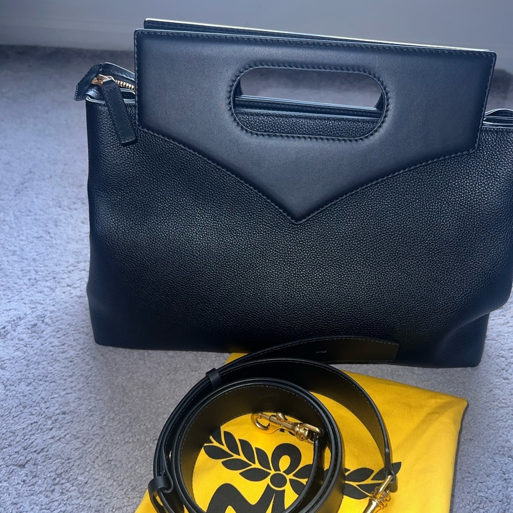 MCM Soft Diamond Black Leather Tote with Gold Logo and Removable Strap - Picture 2 of 6